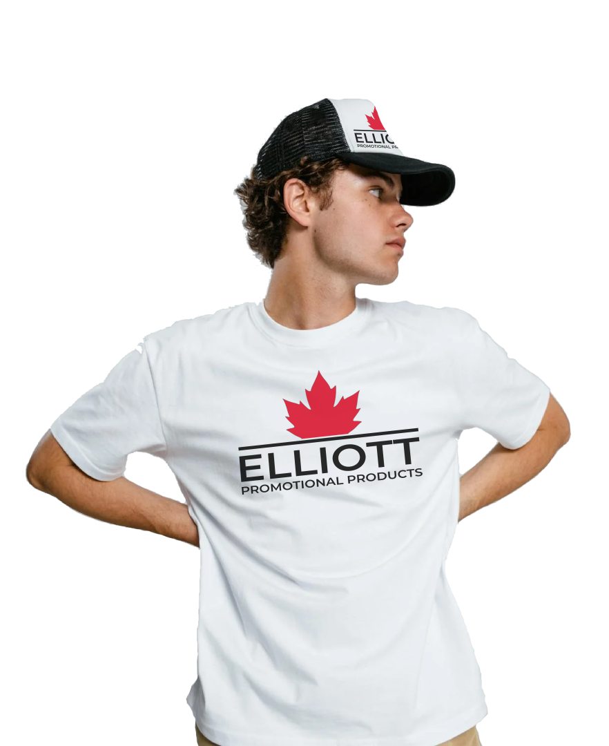 model with elliott promotional merchanise on